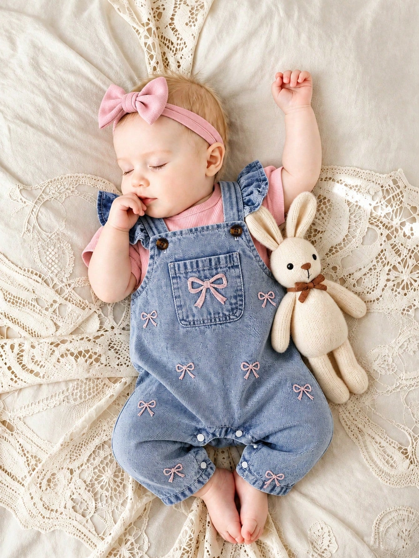 Playful Pals 2pcs Baby Girls' Cute Strawberry Embroidered Bib Pants Soft Cotton Blue Summer Family Matching