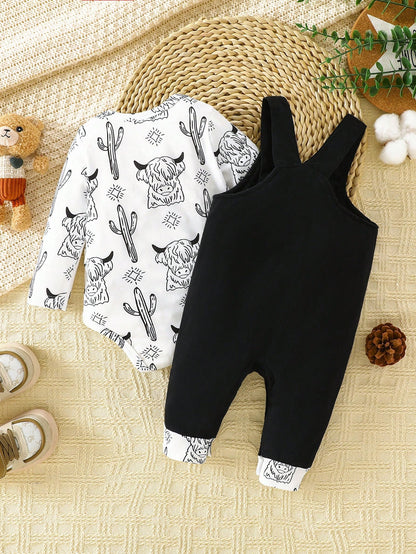 Playful Pals 2pcs/Set Baby Boy Outfit:Long Sleeve Bodysuit + Bib Pants Ox Print & Mom's Little Boy Letter Black And White Autumn Cute Matching Family Casual Wear