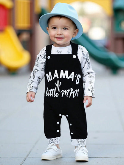 Playful Pals 2pcs/Set Baby Boy Outfit:Long Sleeve Bodysuit + Bib Pants Ox Print & Mom's Little Boy Letter Black And White Autumn Cute Matching Family Casual Wear