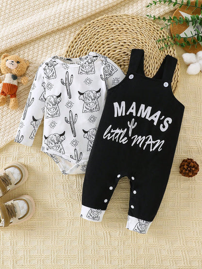 Playful Pals 2pcs/Set Baby Boy Outfit:Long Sleeve Bodysuit + Bib Pants Ox Print & Mom's Little Boy Letter Black And White Autumn Cute Matching Family Casual Wear
