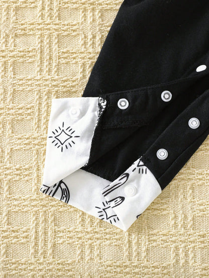 Playful Pals 2pcs/Set Baby Boy Outfit:Long Sleeve Bodysuit + Bib Pants Ox Print & Mom's Little Boy Letter Black And White Autumn Cute Matching Family Casual Wear