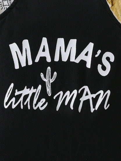 Playful Pals 2pcs/Set Baby Boy Outfit:Long Sleeve Bodysuit + Bib Pants Ox Print & Mom's Little Boy Letter Black And White Autumn Cute Matching Family Casual Wear
