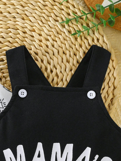 Playful Pals 2pcs/Set Baby Boy Outfit:Long Sleeve Bodysuit + Bib Pants Ox Print & Mom's Little Boy Letter Black And White Autumn Cute Matching Family Casual Wear