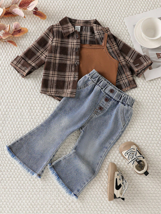 Playful Pals 3pcs Baby Girls' Fashion Chic Outfit: Plaid Long Sleeve Shirt + Suspender Short Crop Top + Flared Denim Pants Casual Suit