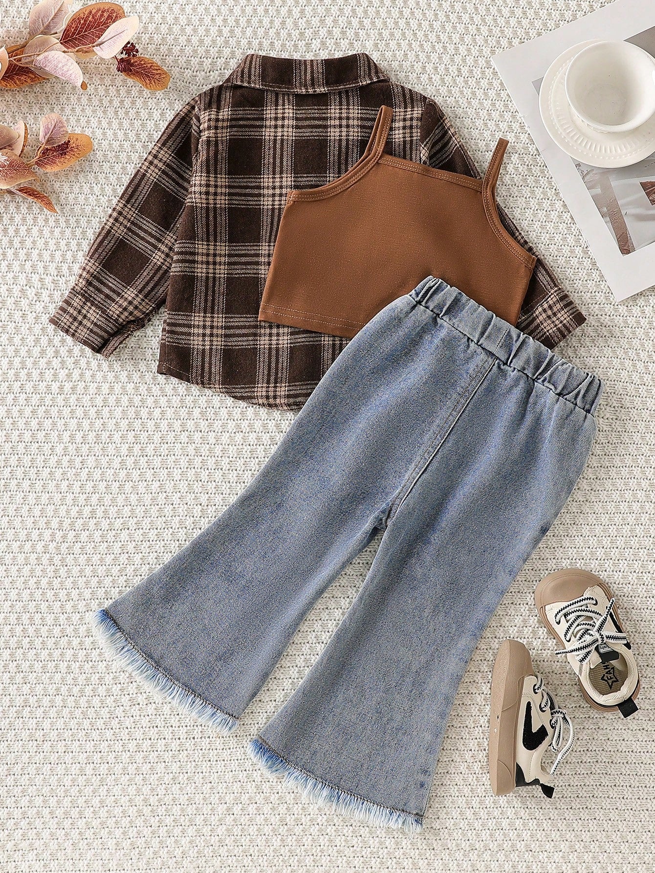 Playful Pals 3pcs Baby Girls' Fashion Chic Outfit: Plaid Long Sleeve Shirt + Suspender Short Crop Top + Flared Denim Pants Casual Suit