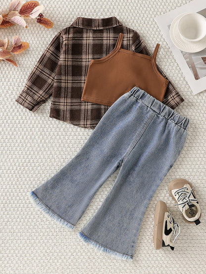 Playful Pals 3pcs Baby Girls' Fashion Chic Outfit: Plaid Long Sleeve Shirt + Suspender Short Crop Top + Flared Denim Pants Casual Suit