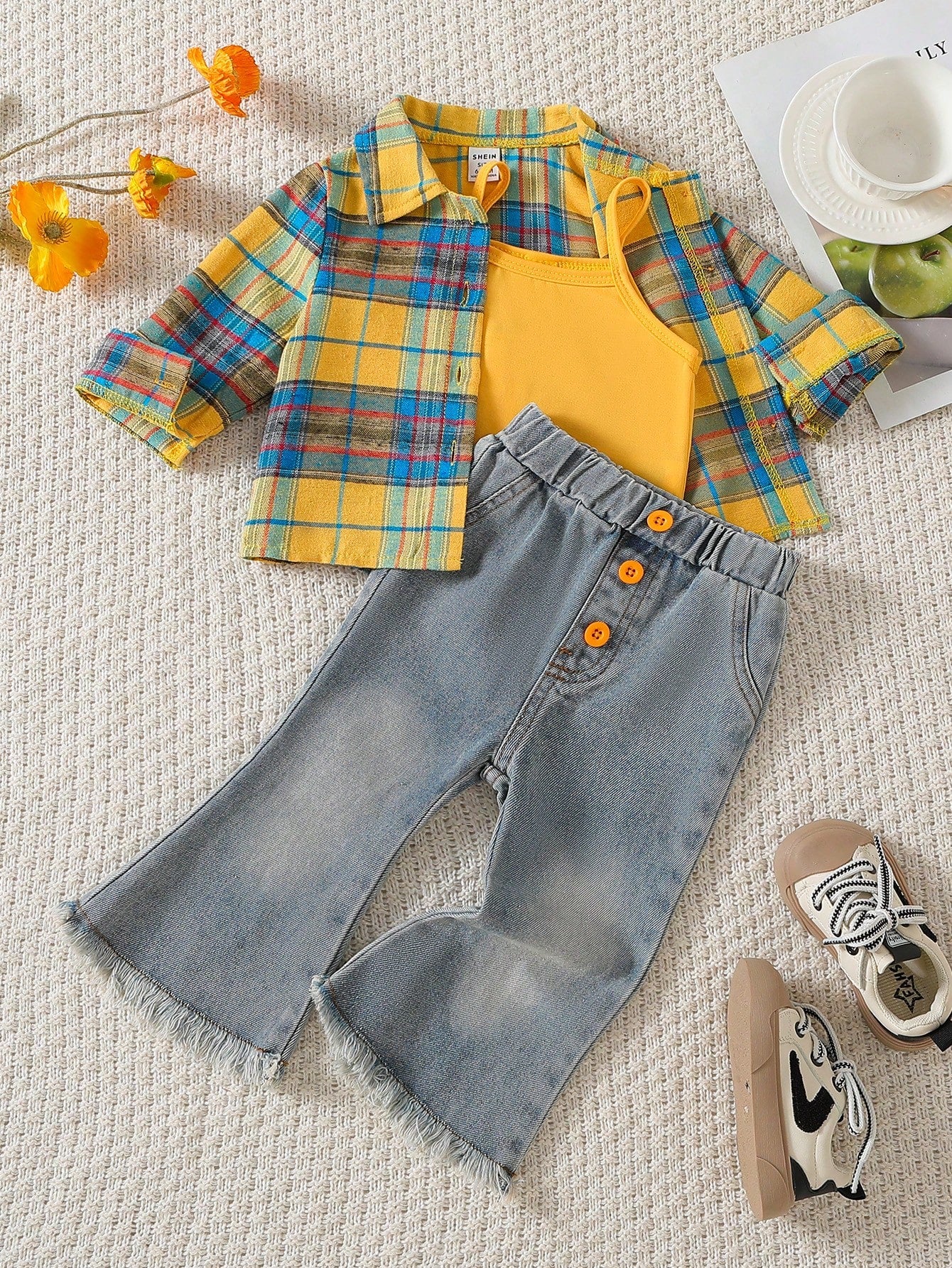 Playful Pals 3pcs Baby Girls' Fashion Chic Outfit: Plaid Long Sleeve Shirt + Suspender Short Crop Top + Flared Denim Pants Casual Suit