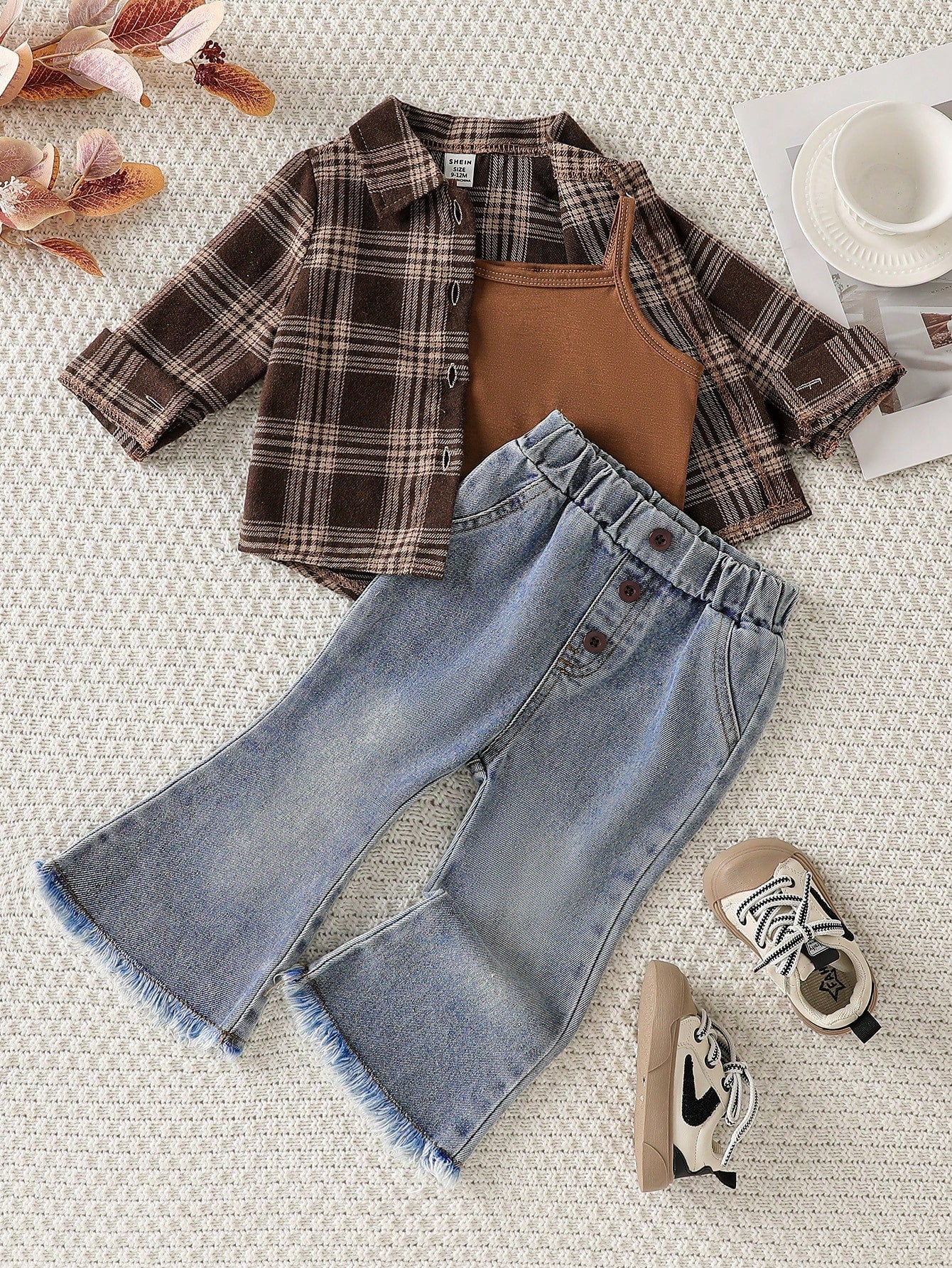 Playful Pals 3pcs Baby Girls' Fashion Chic Outfit: Plaid Long Sleeve Shirt + Suspender Short Crop Top + Flared Denim Pants Casual Suit