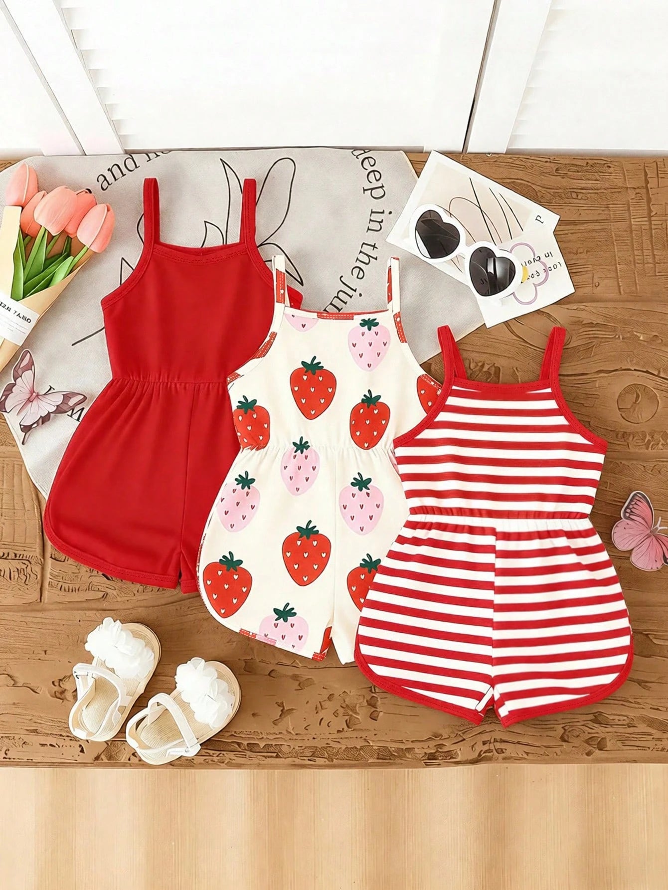 Playful Pals 3pcs/Set Baby Girl Summer New Soft Fabric Strawberry Print Spaghetti Strap Round Neck Casual Romper Shorts, Cute Casual Daily Wear