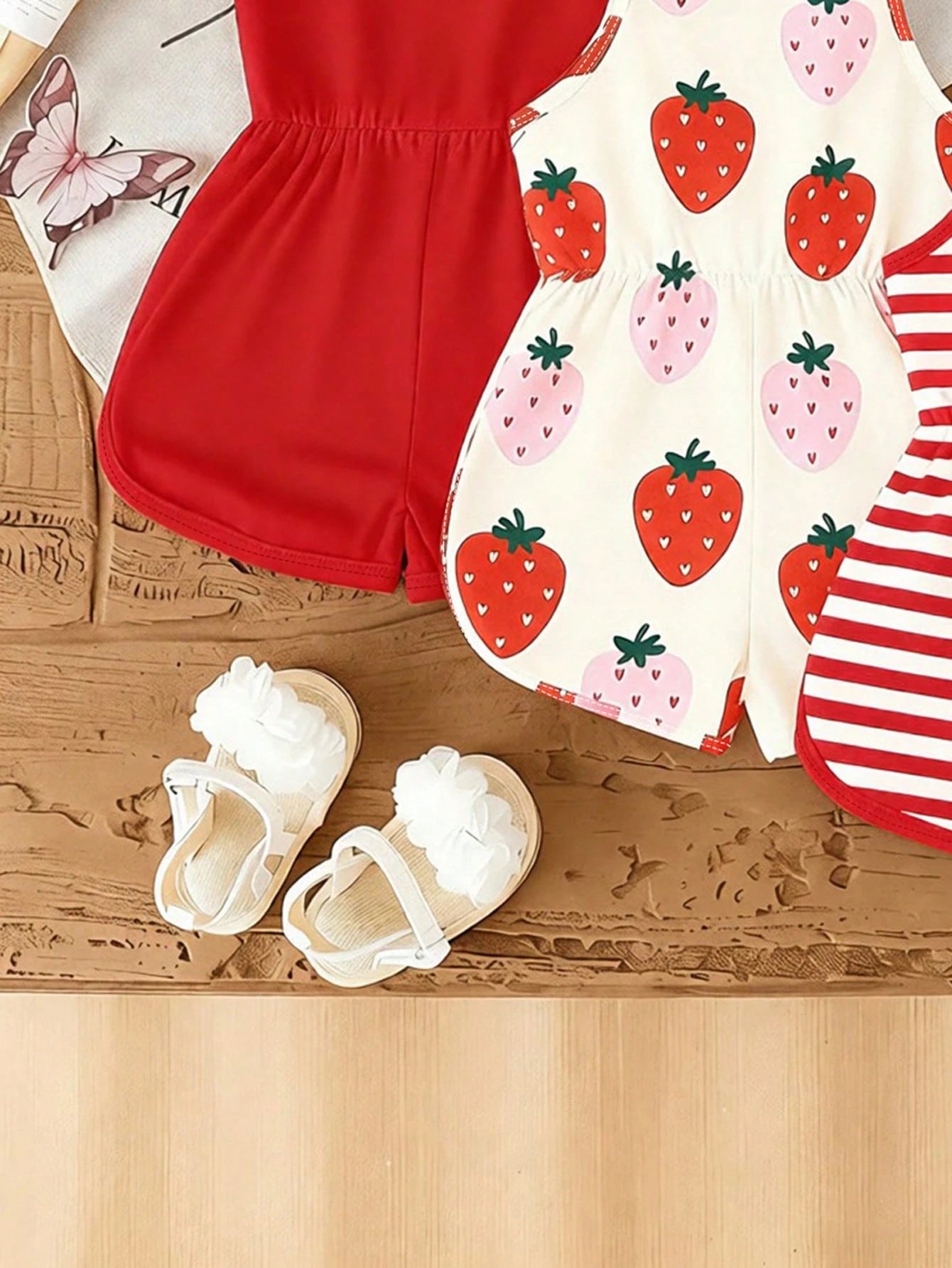 Playful Pals 3pcs/Set Baby Girl Summer New Soft Fabric Strawberry Print Spaghetti Strap Round Neck Casual Romper Shorts, Cute Casual Daily Wear