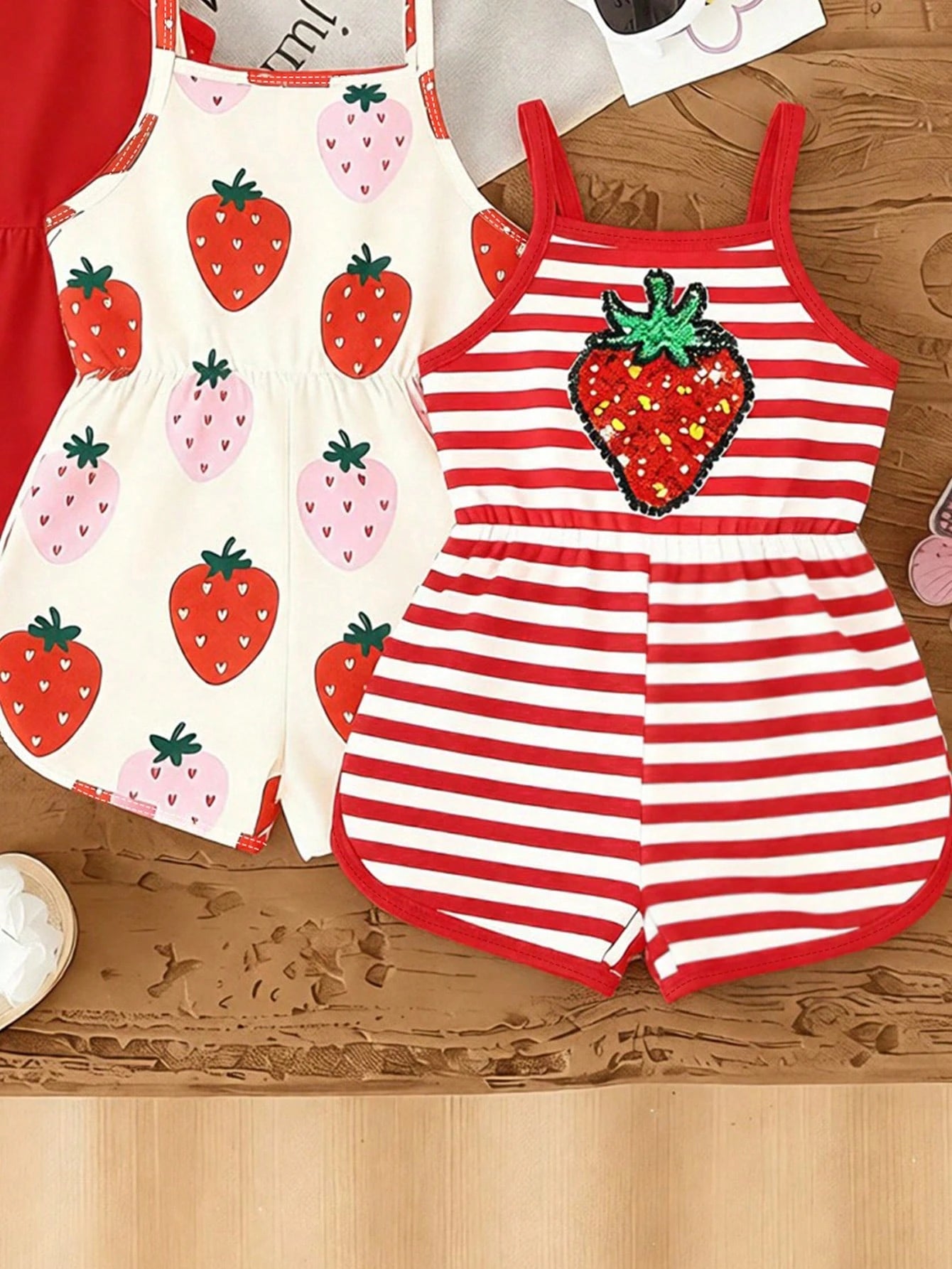 Playful Pals 3pcs/Set Baby Girl Summer New Soft Fabric Strawberry Print Spaghetti Strap Round Neck Casual Romper Shorts, Cute Casual Daily Wear