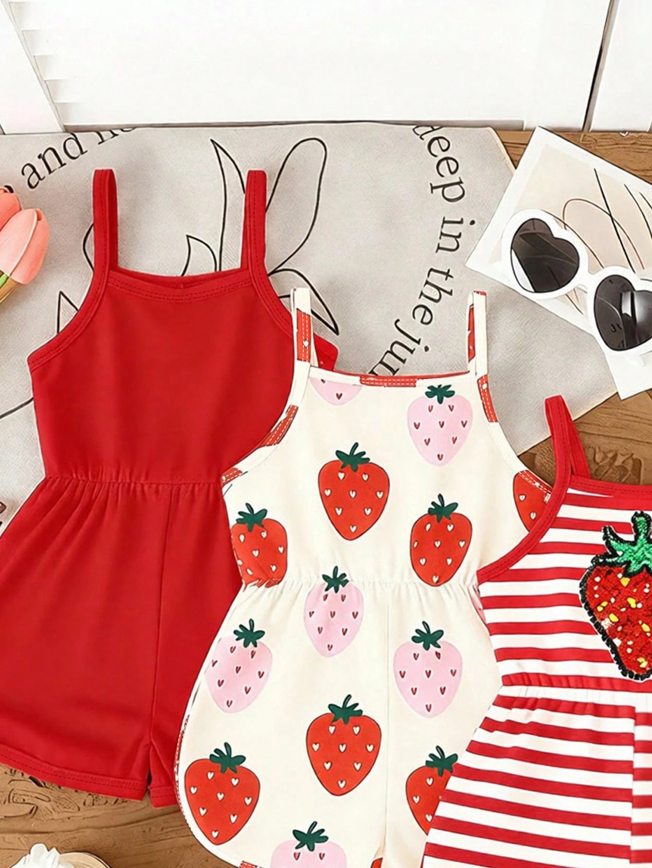 Playful Pals 3pcs/Set Baby Girl Summer New Soft Fabric Strawberry Print Spaghetti Strap Round Neck Casual Romper Shorts, Cute Casual Daily Wear