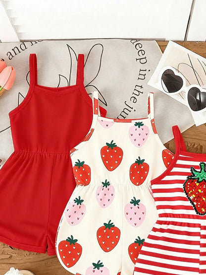 Playful Pals 3pcs/Set Baby Girl Summer New Soft Fabric Strawberry Print Spaghetti Strap Round Neck Casual Romper Shorts, Cute Casual Daily Wear