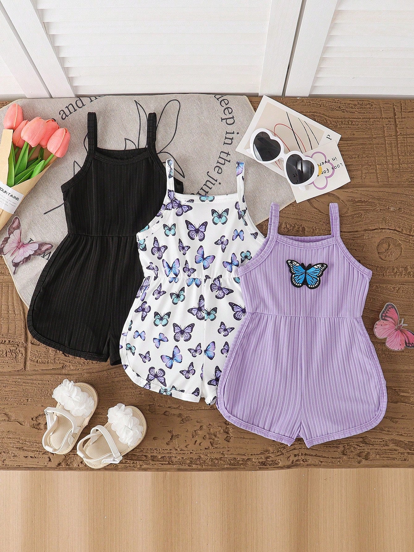 Playful Pals 3pcs/Set Baby Girl Summer New Soft Fabric Strawberry Print Spaghetti Strap Round Neck Casual Romper Shorts, Cute Casual Daily Wear