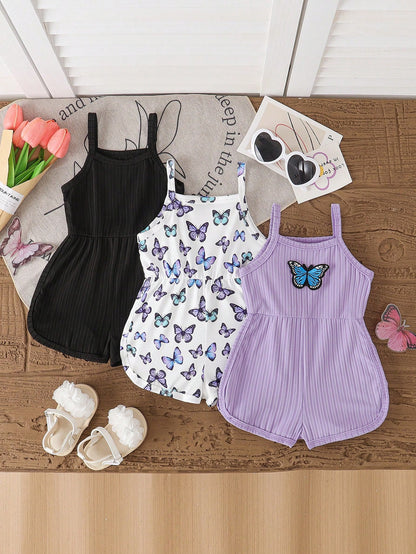 Playful Pals 3pcs/Set Baby Girl Summer New Soft Fabric Strawberry Print Spaghetti Strap Round Neck Casual Romper Shorts, Cute Casual Daily Wear