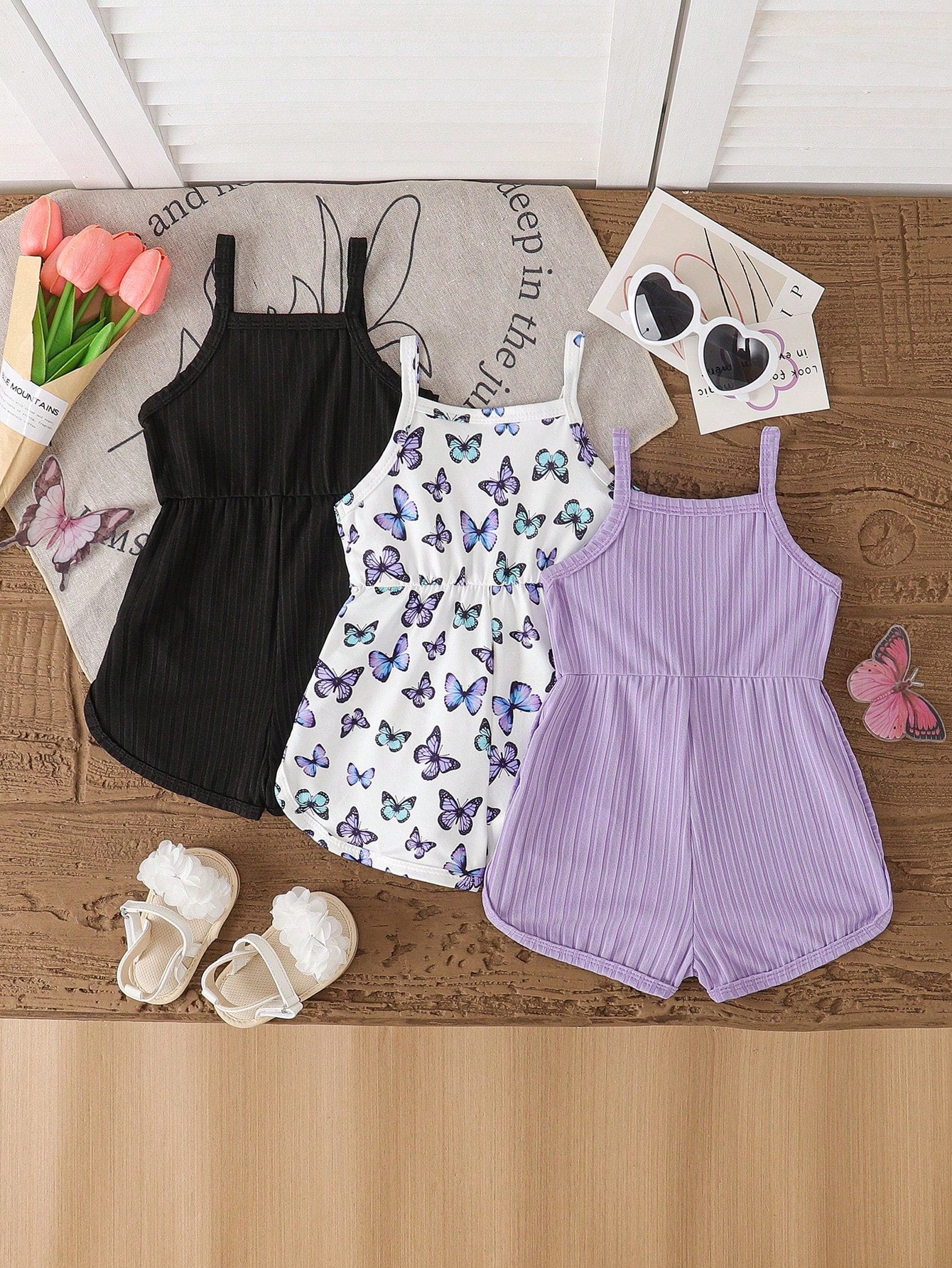 Playful Pals 3pcs/Set Baby Girl Summer New Soft Fabric Strawberry Print Spaghetti Strap Round Neck Casual Romper Shorts, Cute Casual Daily Wear