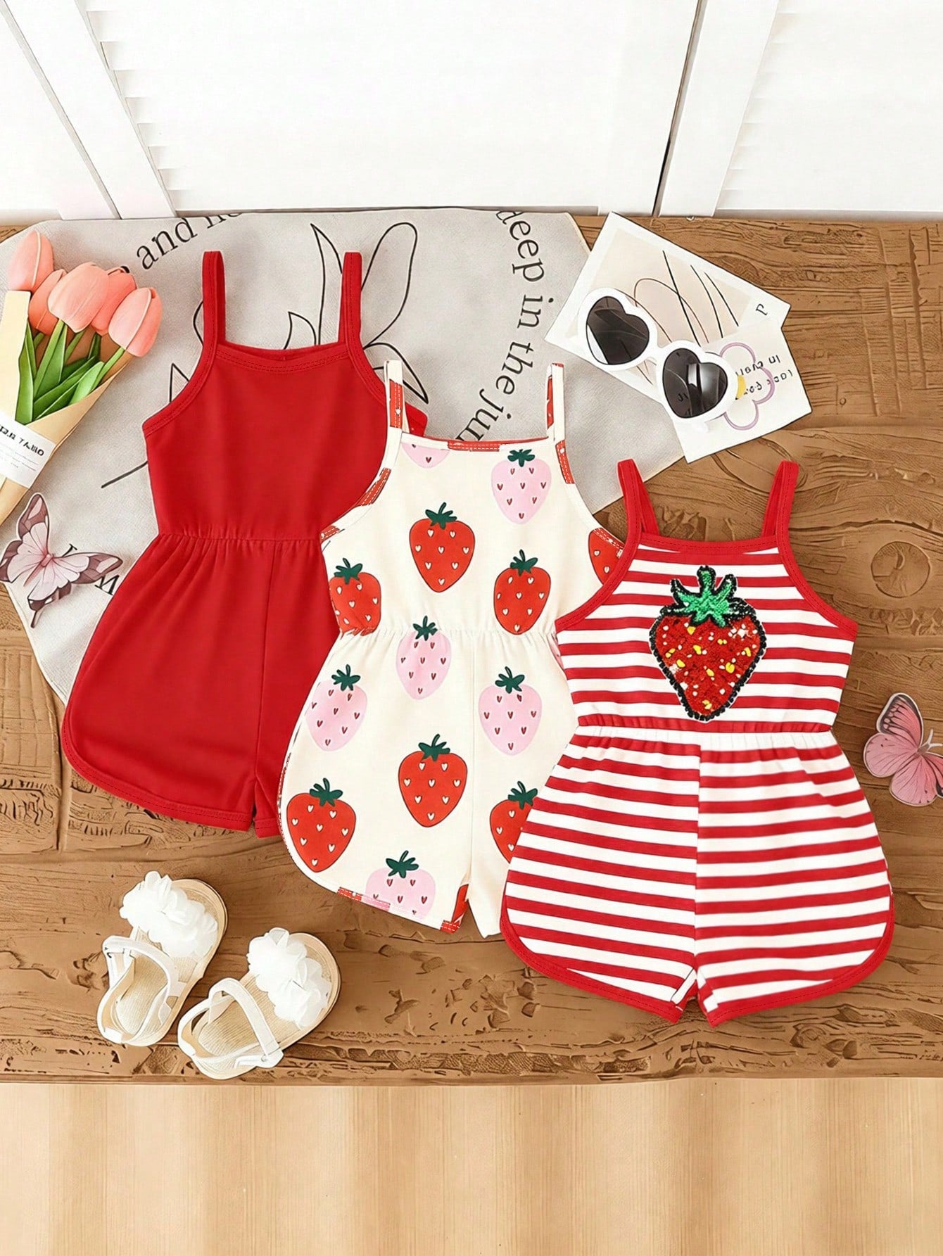 Playful Pals 3pcs/Set Baby Girl Summer New Soft Fabric Strawberry Print Spaghetti Strap Round Neck Casual Romper Shorts, Cute Casual Daily Wear