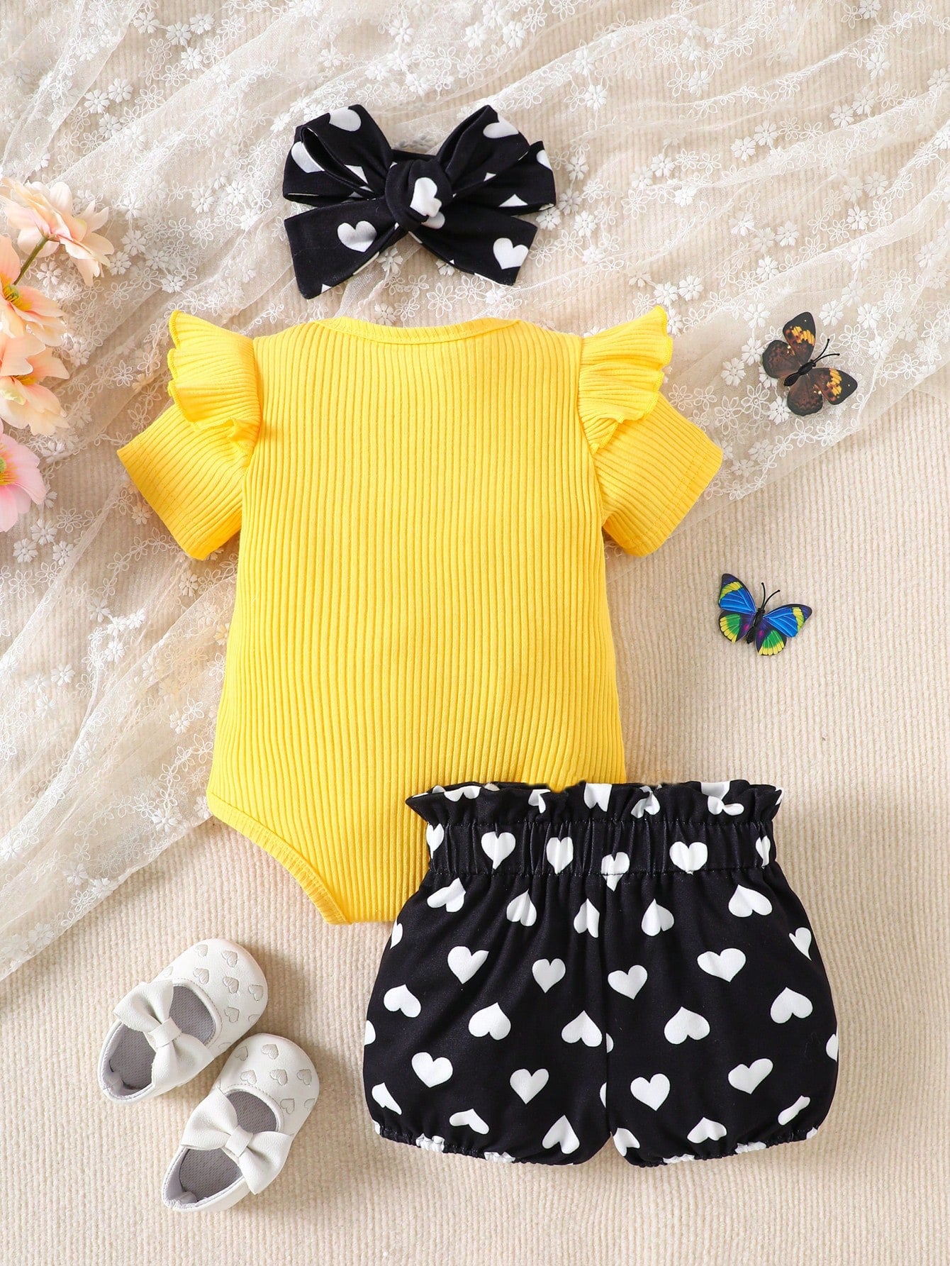 Playful Pals 3pcs/Set Toddler Kids Casual Outing Outfit, Includes Bodysuit With Embroidered Cap Sleeves, Long Pants And Headband With Bow