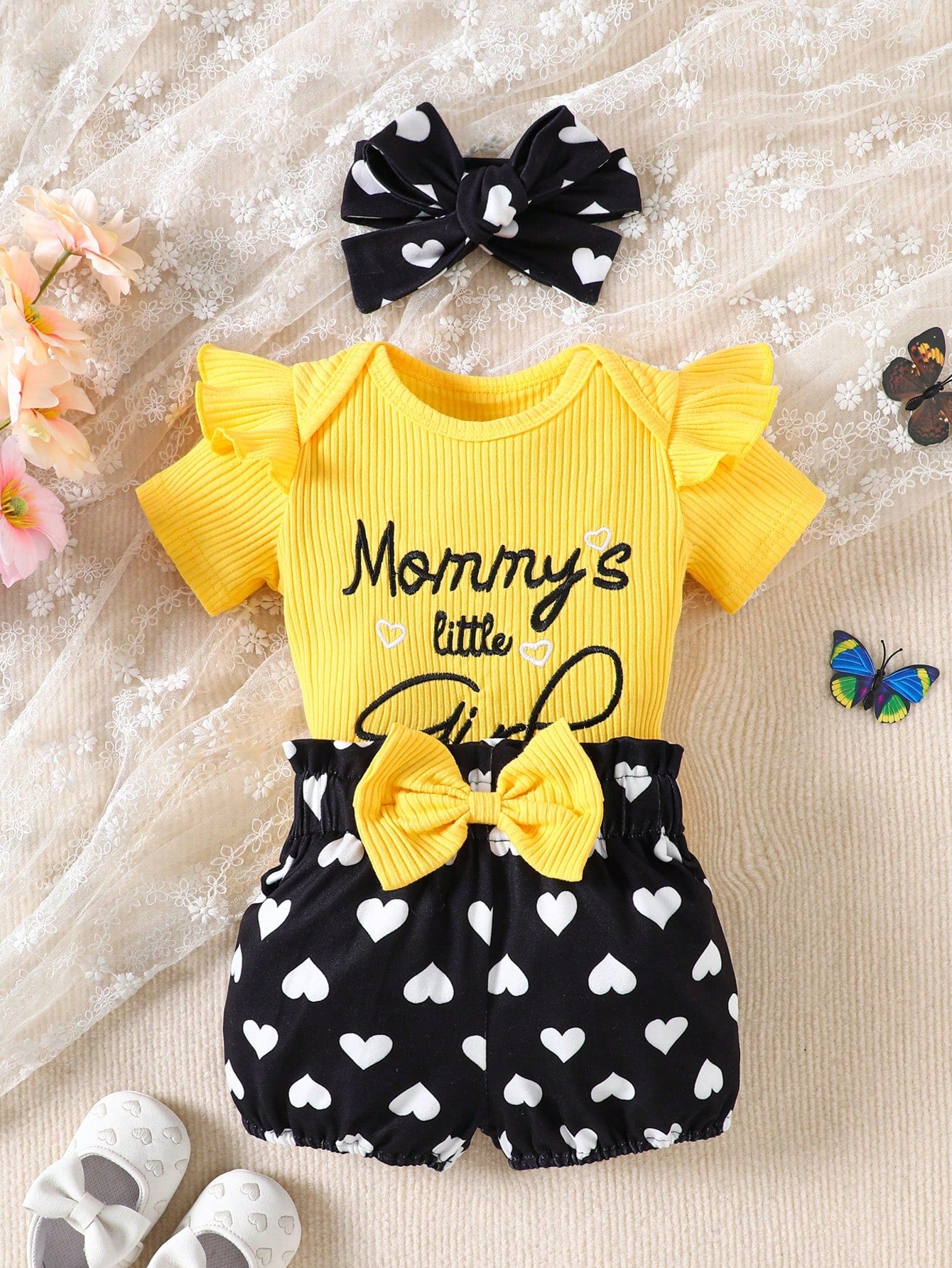 Playful Pals 3pcs/Set Toddler Kids Casual Outing Outfit, Includes Bodysuit With Embroidered Cap Sleeves, Long Pants And Headband With Bow