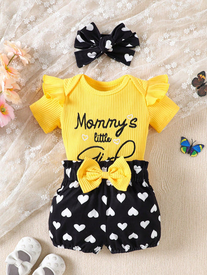 Playful Pals 3pcs/Set Toddler Kids Casual Outing Outfit, Includes Bodysuit With Embroidered Cap Sleeves, Long Pants And Headband With Bow
