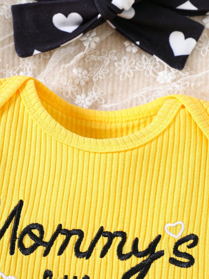 Playful Pals 3pcs/Set Toddler Kids Casual Outing Outfit, Includes Bodysuit With Embroidered Cap Sleeves, Long Pants And Headband With Bow