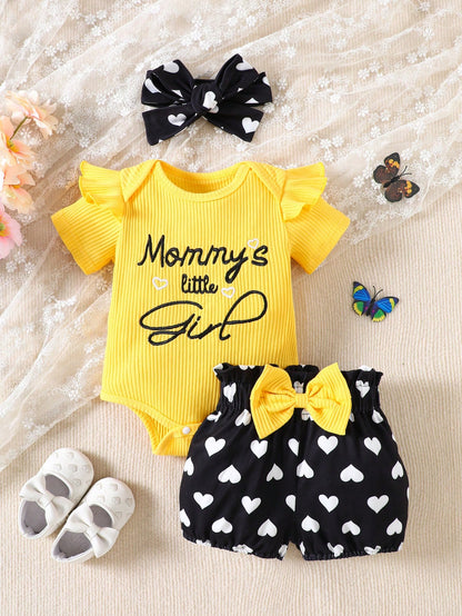 Playful Pals 3pcs/Set Toddler Kids Casual Outing Outfit, Includes Bodysuit With Embroidered Cap Sleeves, Long Pants And Headband With Bow