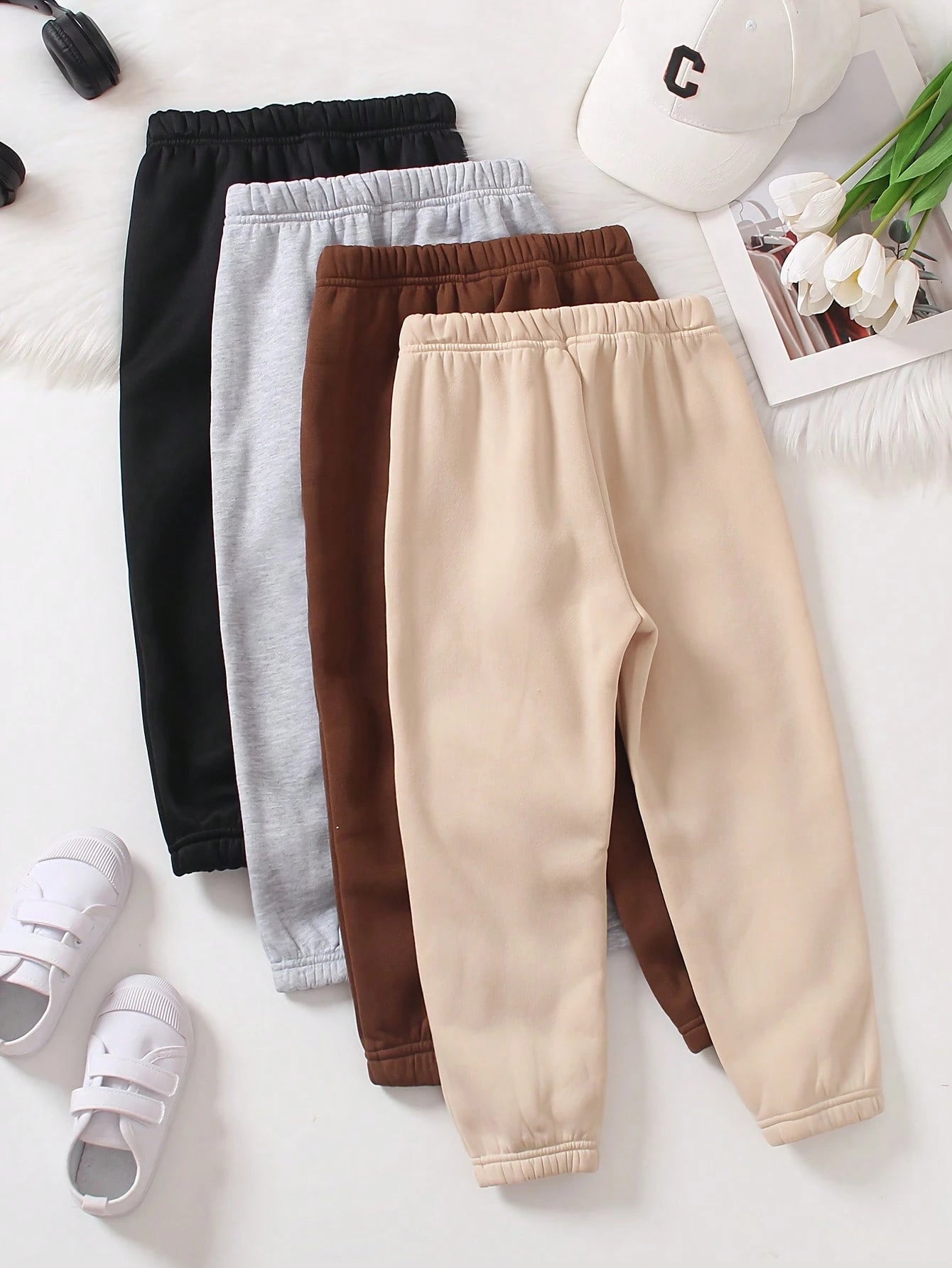 Playful Pals 4pcs Baby Girl Casual Active Cowboy Comfortable Minimalist Design Sweatpants Back-To-School House Flower Girls White Brown Grey Black Autumn