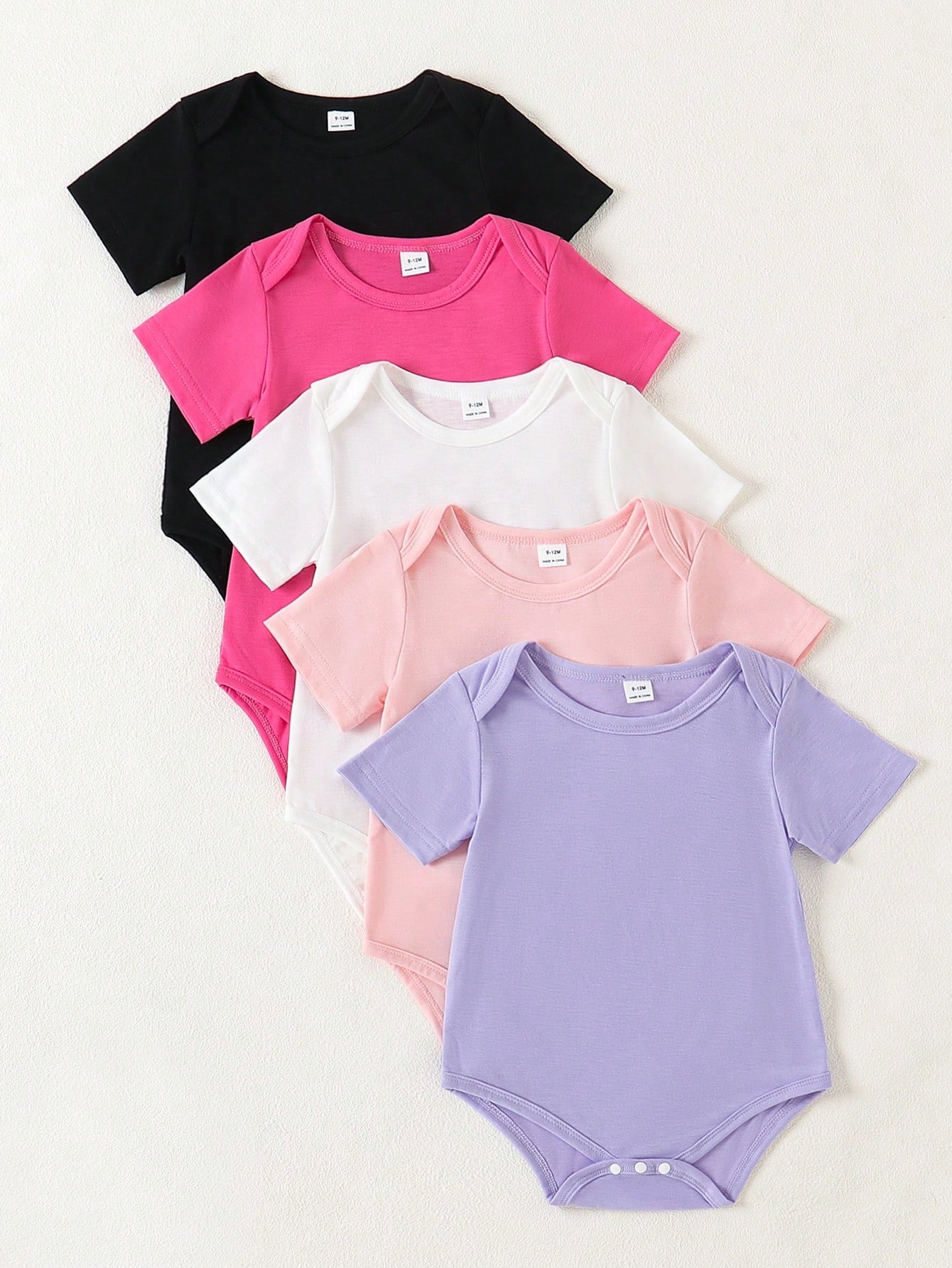 Playful Pals 5pcs/Set Baby Girls' Soft & Comfortable Solid Color Bodysuit,Crew Neck Short Sleeve Daily Wear,Soft Summer Colour Palette,Summer,Casual,Work Fashion
