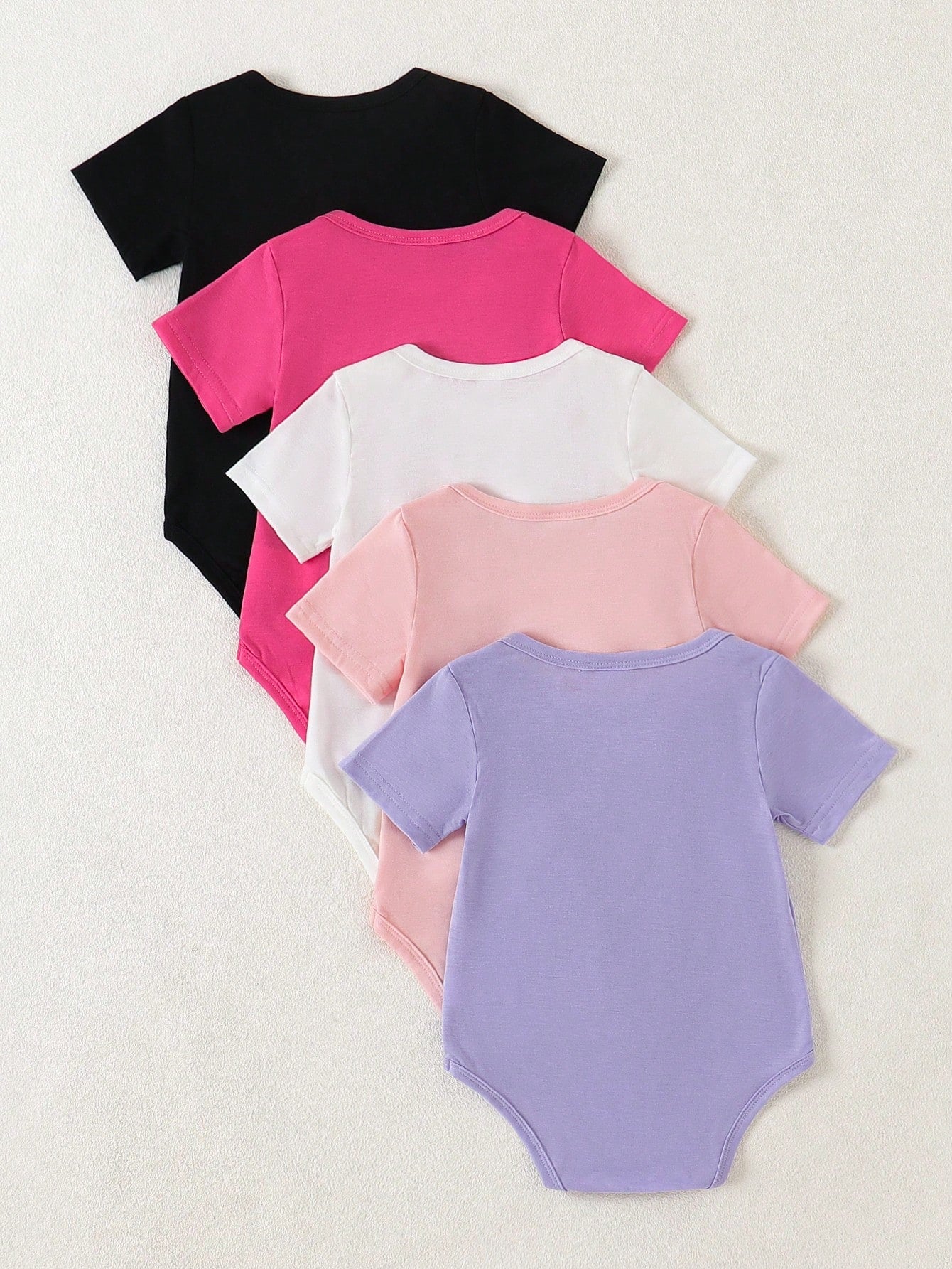 Playful Pals 5pcs/Set Baby Girls' Soft & Comfortable Solid Color Bodysuit,Crew Neck Short Sleeve Daily Wear,Soft Summer Colour Palette,Summer,Casual,Work Fashion