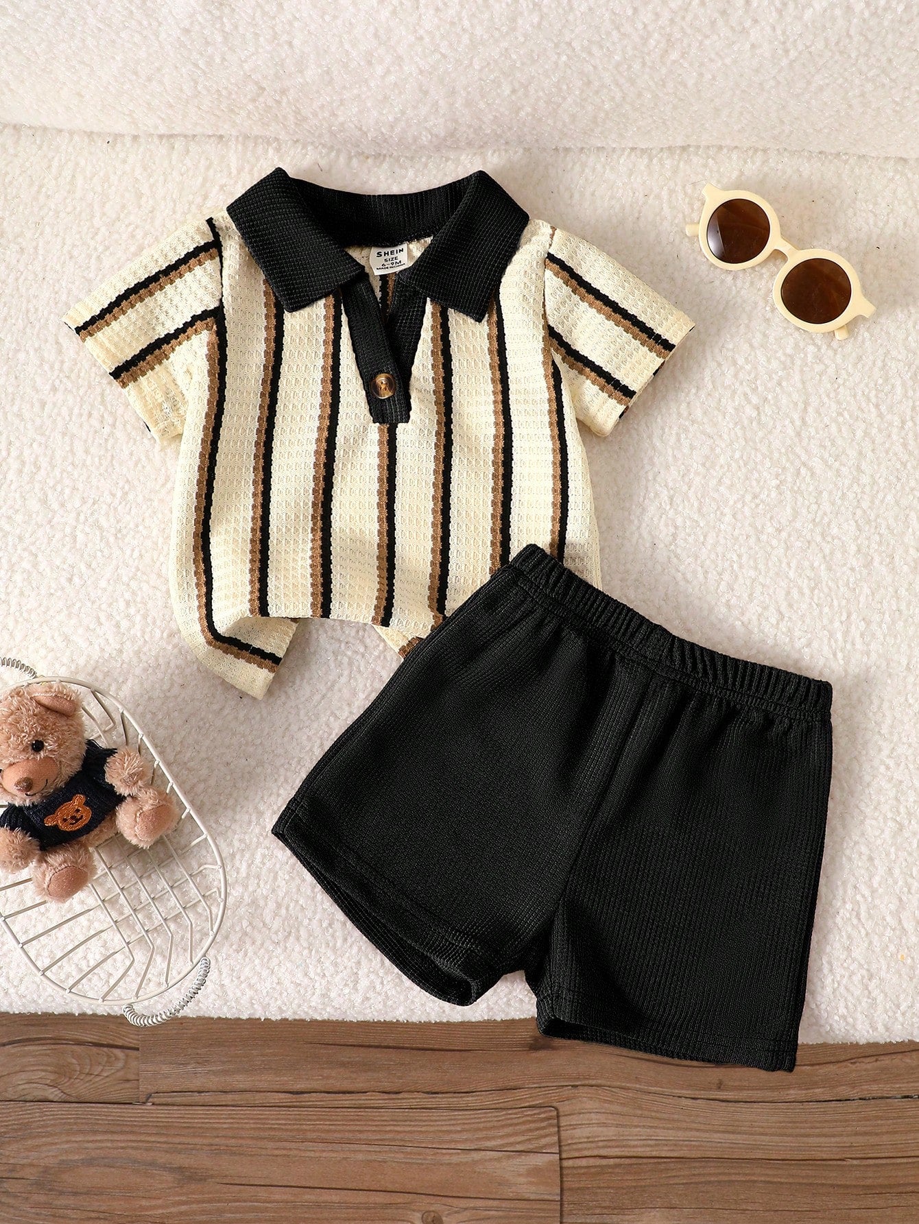 Playful Pals Baby Boy Black White Checkered Summer Casual Modest Back-To-School Khaki Textured Striped V-Neck Lapel Clothes Kids Daily Wear Outfit Graduation Beige