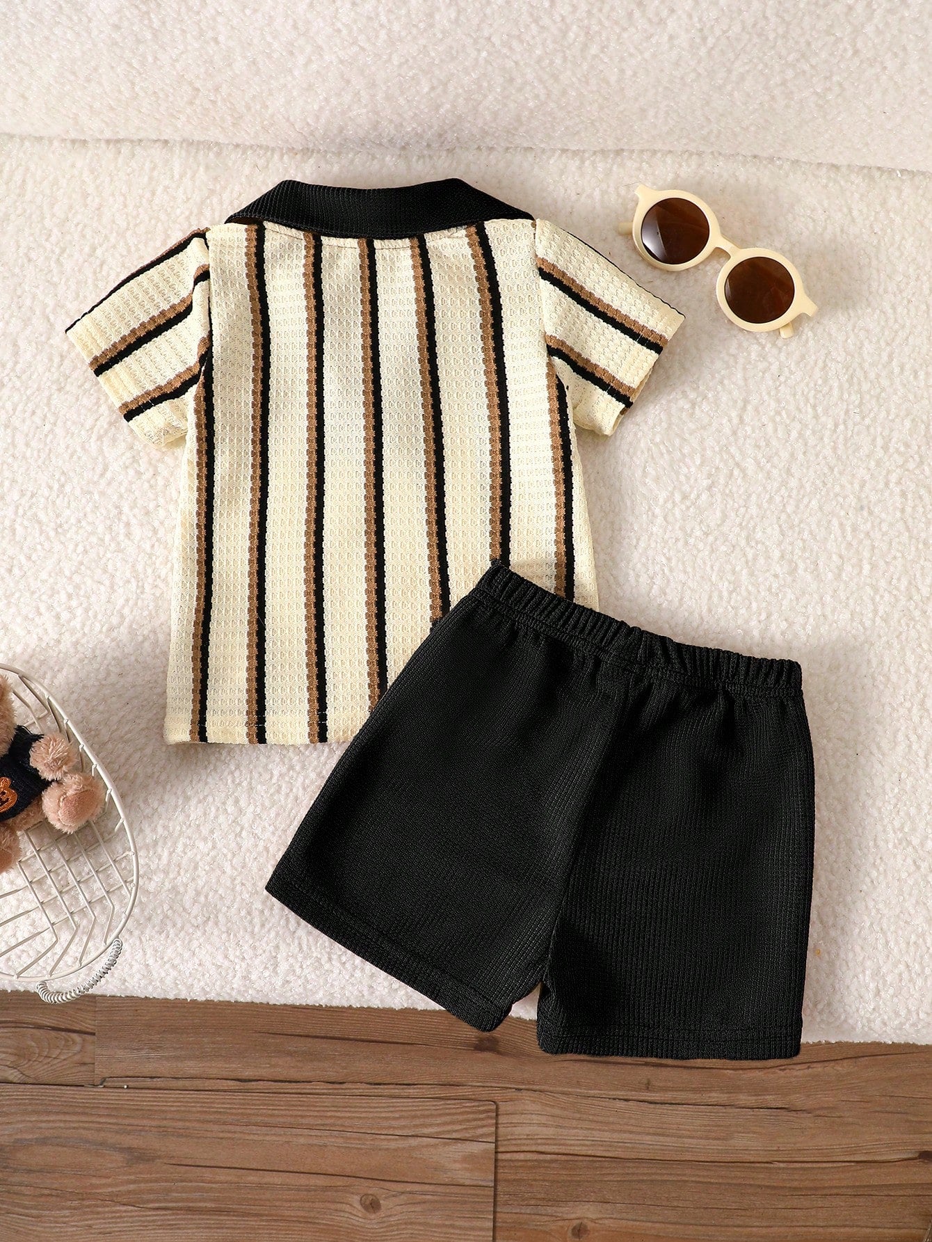 Playful Pals Baby Boy Black White Checkered Summer Casual Modest Back-To-School Khaki Textured Striped V-Neck Lapel Clothes Kids Daily Wear Outfit Graduation Beige
