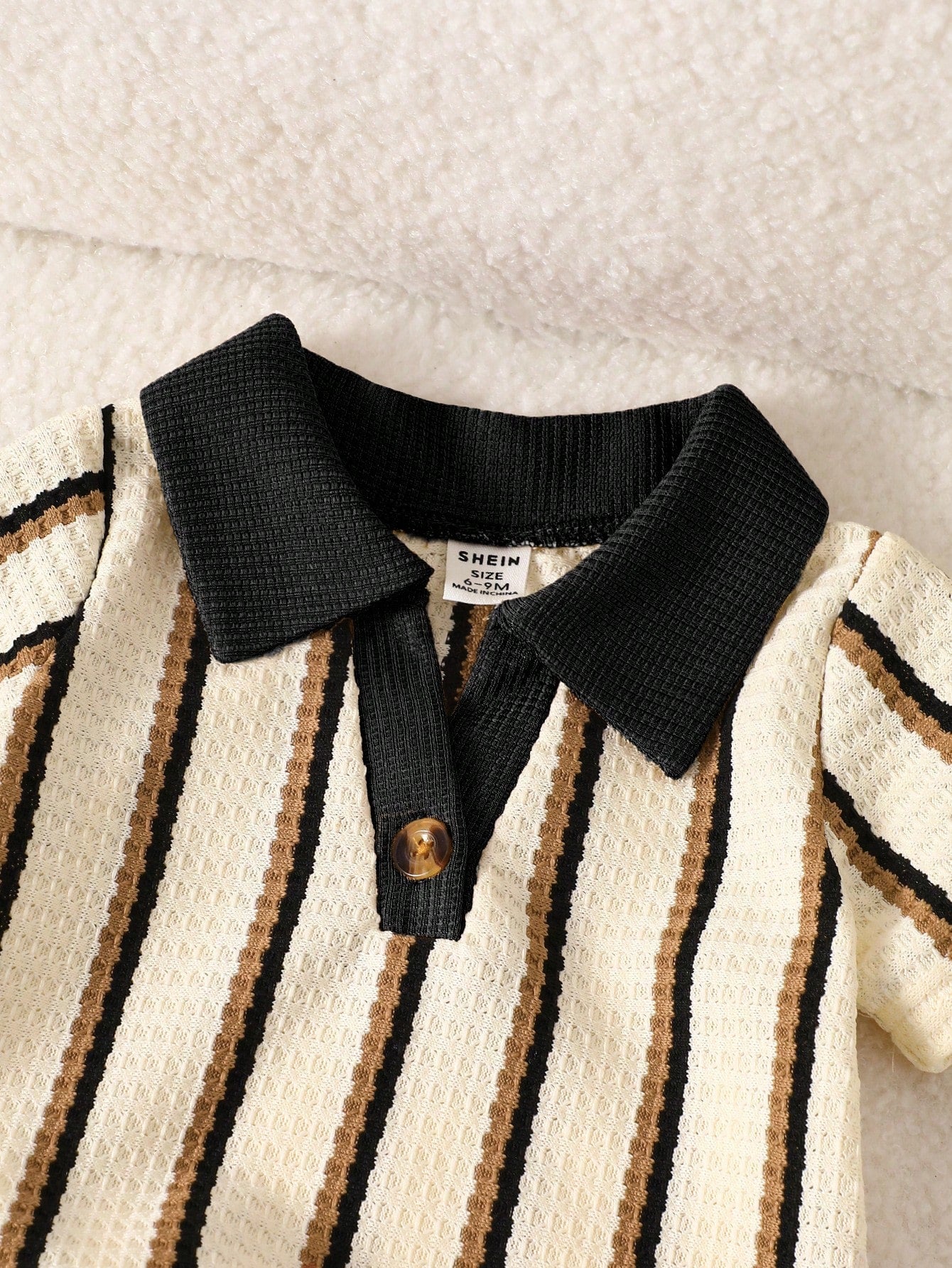 Playful Pals Baby Boy Black White Checkered Summer Casual Modest Back-To-School Khaki Textured Striped V-Neck Lapel Clothes Kids Daily Wear Outfit Graduation Beige
