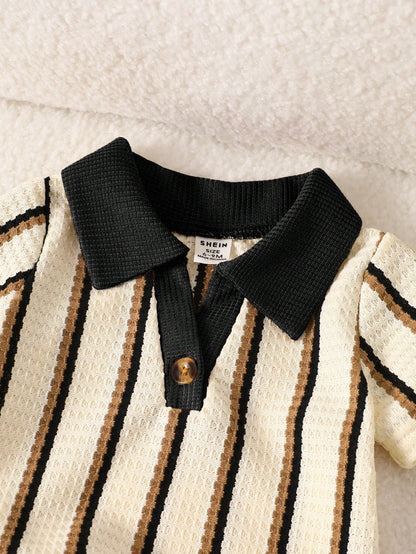 Playful Pals Baby Boy Black White Checkered Summer Casual Modest Back-To-School Khaki Textured Striped V-Neck Lapel Clothes Kids Daily Wear Outfit Graduation Beige
