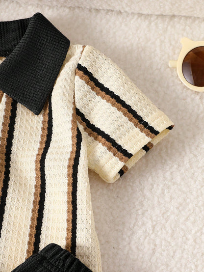 Playful Pals Baby Boy Black White Checkered Summer Casual Modest Back-To-School Khaki Textured Striped V-Neck Lapel Clothes Kids Daily Wear Outfit Graduation Beige