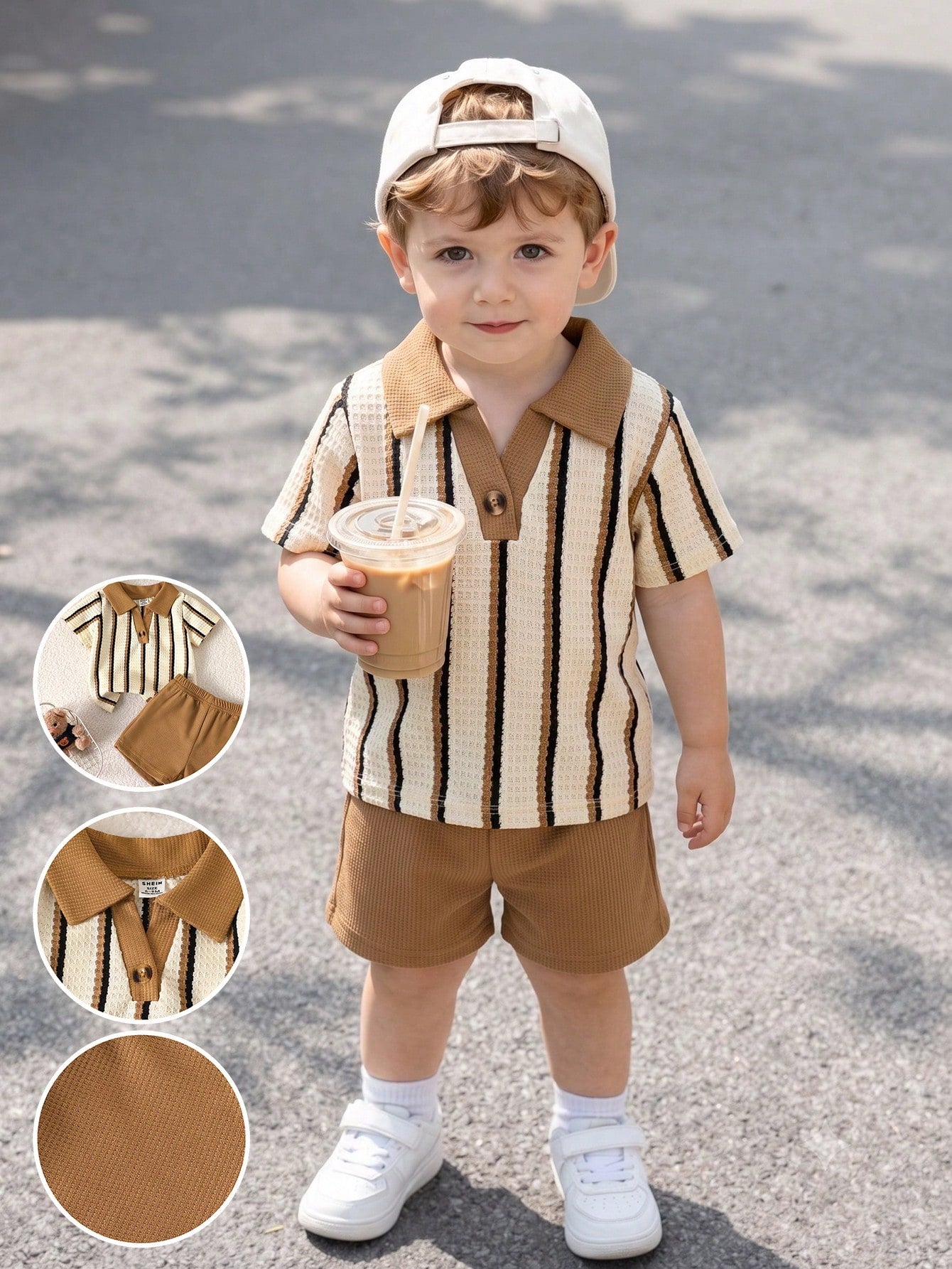 Playful Pals Baby Boy Black White Checkered Summer Casual Modest Back-To-School Khaki Textured Striped V-Neck Lapel Clothes Kids Daily Wear Outfit Graduation Beige