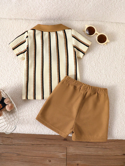 Playful Pals Baby Boy Black White Checkered Summer Casual Modest Back-To-School Khaki Textured Striped V-Neck Lapel Clothes Kids Daily Wear Outfit Graduation Beige