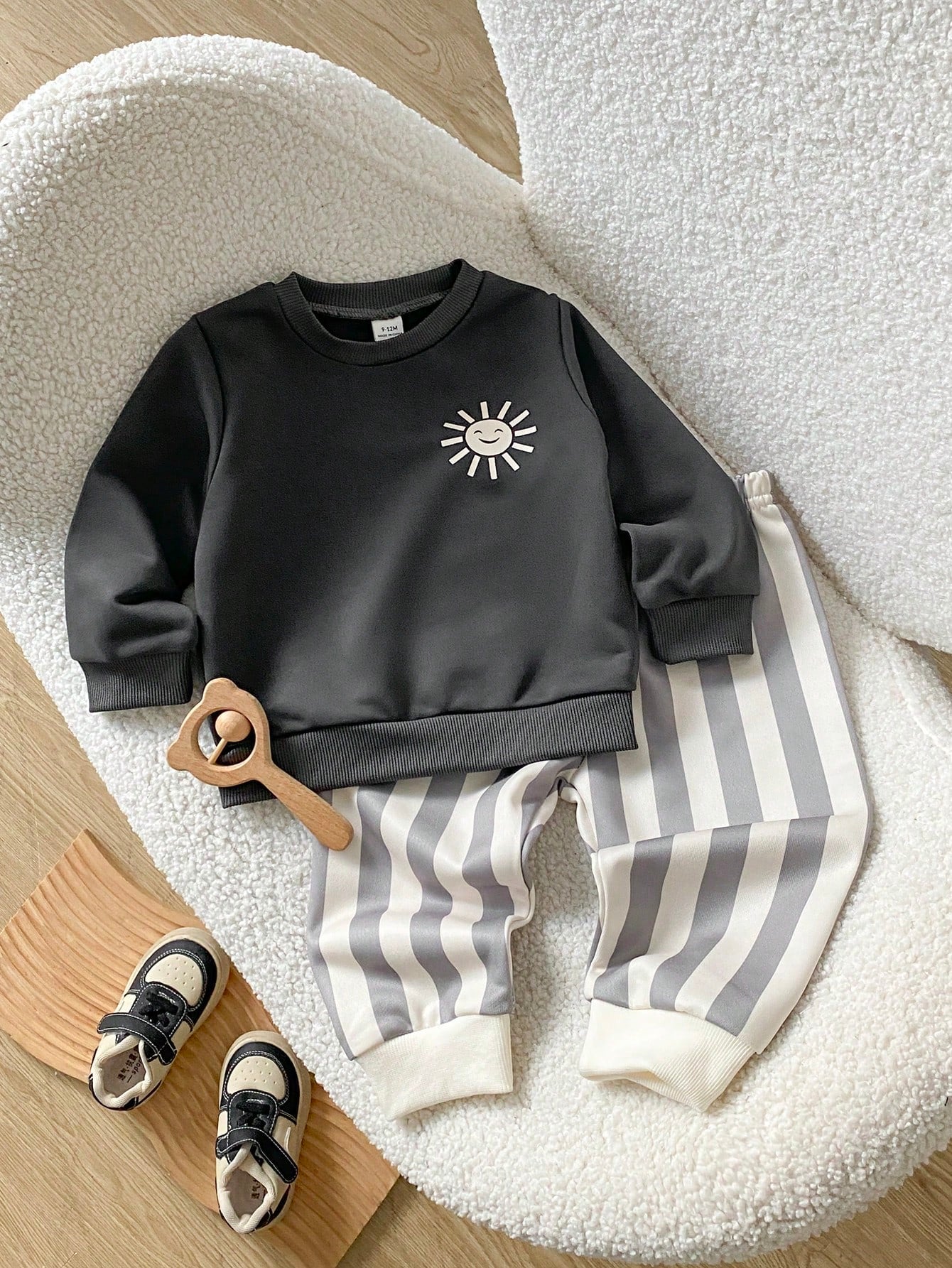 Playful Pals Baby Boy Cartoon Sun Print Long Sleeve Sweatshirt And Striped Long Pants Set