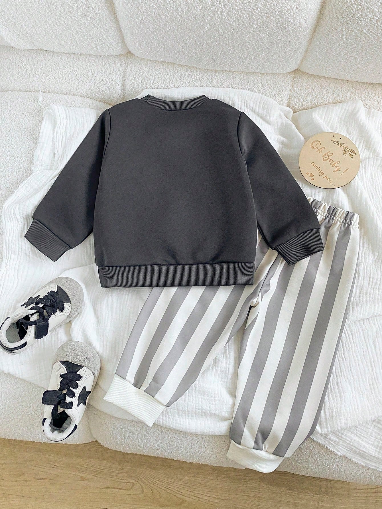 Playful Pals Baby Boy Cartoon Sun Print Long Sleeve Sweatshirt And Striped Long Pants Set