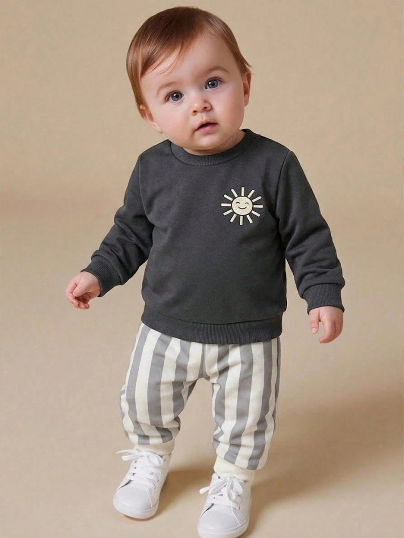 Playful Pals Baby Boy Cartoon Sun Print Long Sleeve Sweatshirt And Striped Long Pants Set
