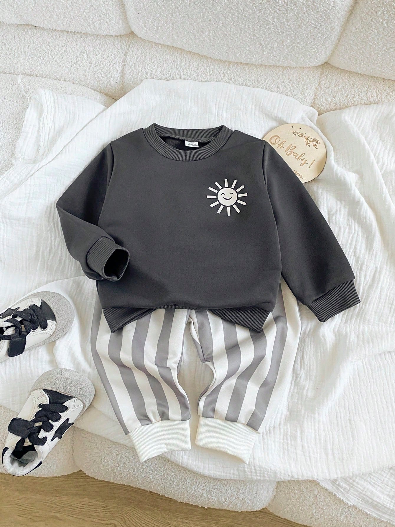 Playful Pals Baby Boy Cartoon Sun Print Long Sleeve Sweatshirt And Striped Long Pants Set
