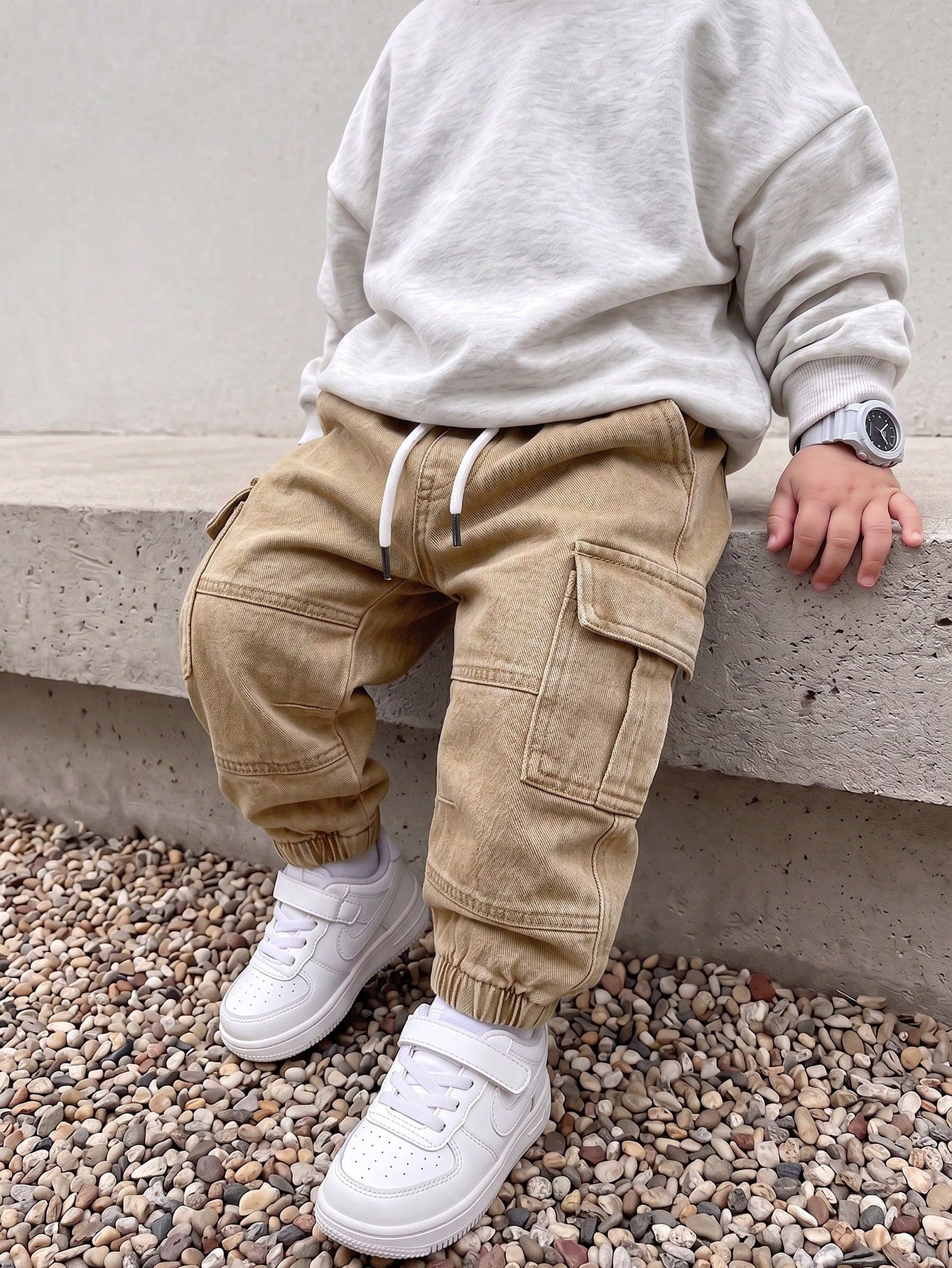 Playful Pals Baby Boys Vintage Casual Street Style Multi-Pocket Loose Comfortable Elastic Waist Drawstring Cuffed Washed Light Blue Denim Cargo Pants