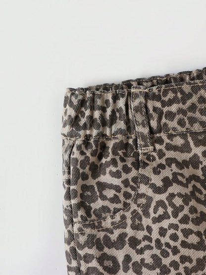 Playful Pals Baby GirlCasual Chic Leopard Print Washed Denim Skirt Shorts, Street Fashion Essential For 2025