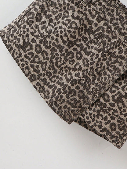 Playful Pals Baby GirlCasual Chic Leopard Print Washed Denim Skirt Shorts, Street Fashion Essential For 2025