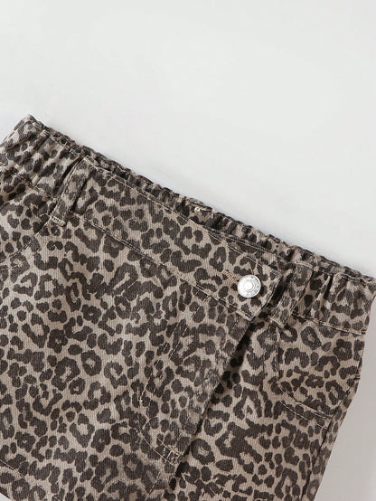 Playful Pals Baby GirlCasual Chic Leopard Print Washed Denim Skirt Shorts, Street Fashion Essential For 2025
