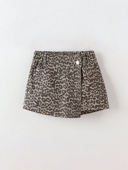 Playful Pals Baby GirlCasual Chic Leopard Print Washed Denim Skirt Shorts, Street Fashion Essential For 2025
