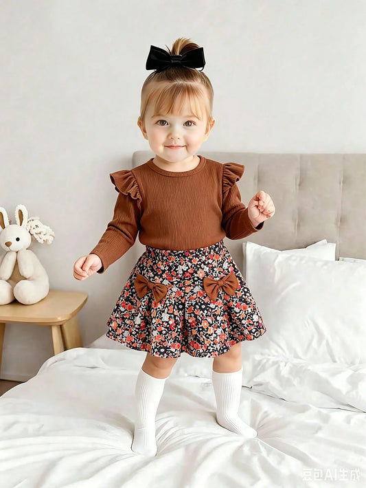 Playful Pals Baby Girls Unisex Infant Toddler 0-3 Years Spring/Autumn Black Elegant Style Crew Neck Pullover Top With Black Bow Knot Decor Coffee Brown Plaid Woven Skirt Set, Elegant Style Casua