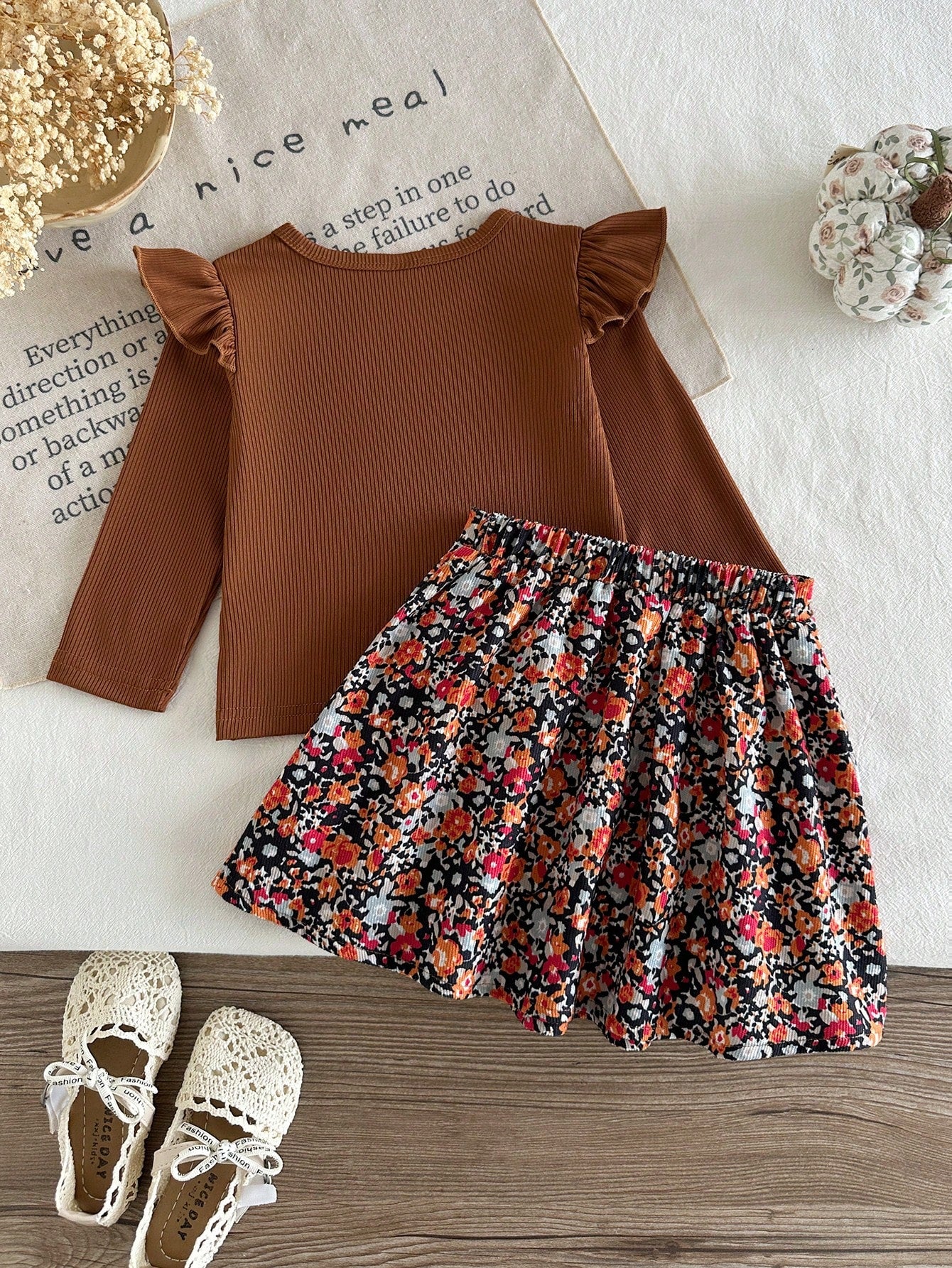 Playful Pals Baby Girls Unisex Infant Toddler 0-3 Years Spring/Autumn Black Elegant Style Crew Neck Pullover Top With Black Bow Knot Decor Coffee Brown Plaid Woven Skirt Set, Elegant Style Casua