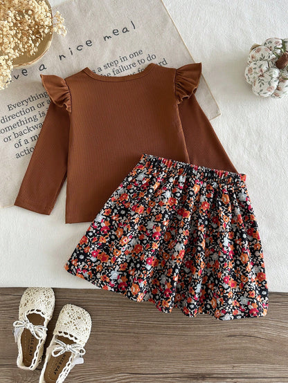 Playful Pals Baby Girls Unisex Infant Toddler 0-3 Years Spring/Autumn Black Elegant Style Crew Neck Pullover Top With Black Bow Knot Decor Coffee Brown Plaid Woven Skirt Set, Elegant Style Casua