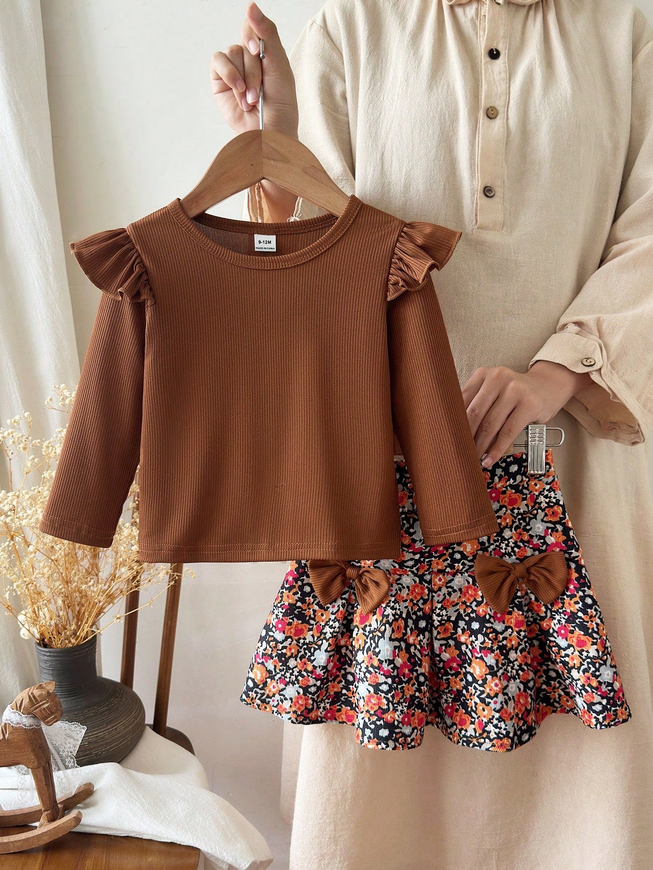 Playful Pals Baby Girls Unisex Infant Toddler 0-3 Years Spring/Autumn Black Elegant Style Crew Neck Pullover Top With Black Bow Knot Decor Coffee Brown Plaid Woven Skirt Set, Elegant Style Casua