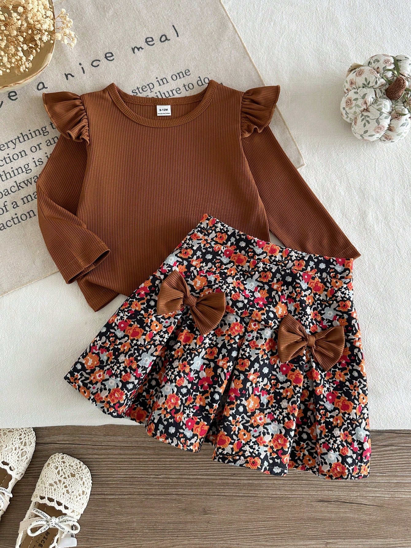 Playful Pals Baby Girls Unisex Infant Toddler 0-3 Years Spring/Autumn Black Elegant Style Crew Neck Pullover Top With Black Bow Knot Decor Coffee Brown Plaid Woven Skirt Set, Elegant Style Casua